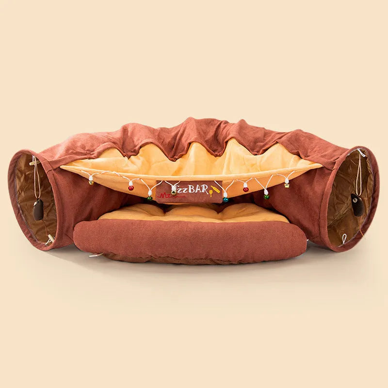 Collapsible cloth cat tunnel in Bar colour, showing dimensions of 45cm by 50cm by 22cm.