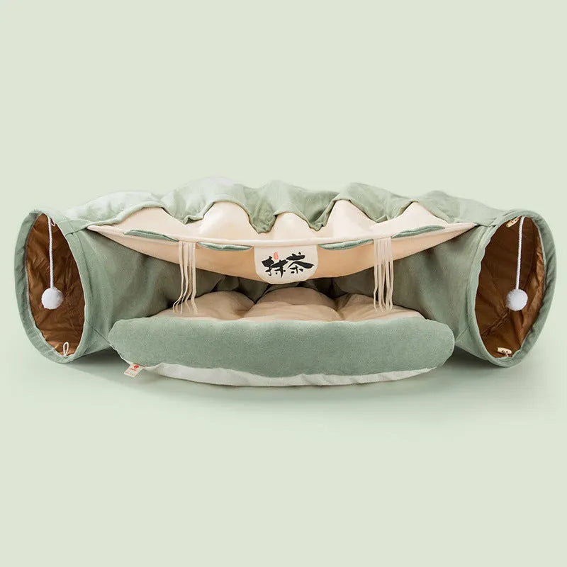 Collapsible cloth cat tunnel in Bar colour, showing dimensions of 45cm by 50cm by 22cm.