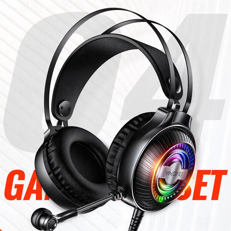Black wired PC headset with microphone, large round earmuffs, and a long cable.