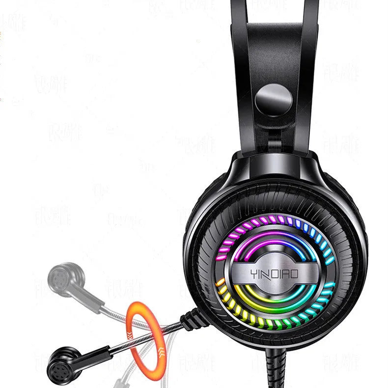 Black wired PC headset with microphone, large round earmuffs, and a long cable.