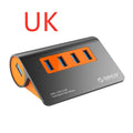 Dark grey and orange aluminium USB hub with 4 ports, separate power unit, and 100cm cable