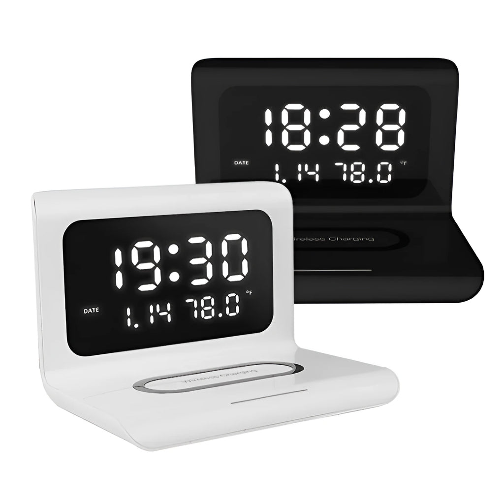 White wireless charger alarm clock showing time, date, temperature and humidity on display