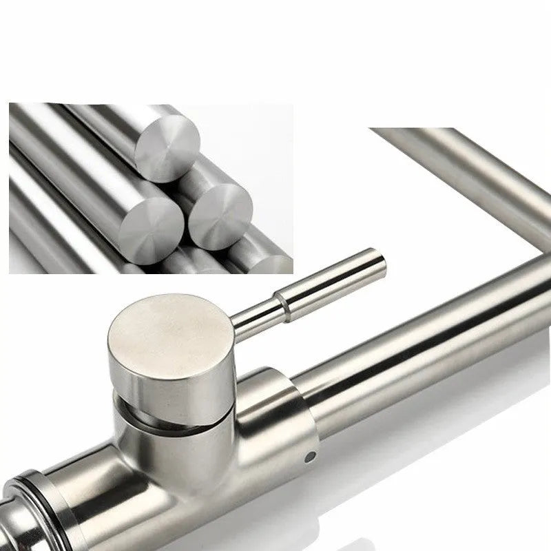 Silver stainless steel dual-handle kitchen faucet with a rotating spout.