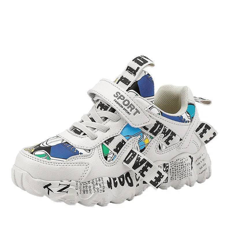 Kids blue and red Velcro sports sneakers with thick rubber soles