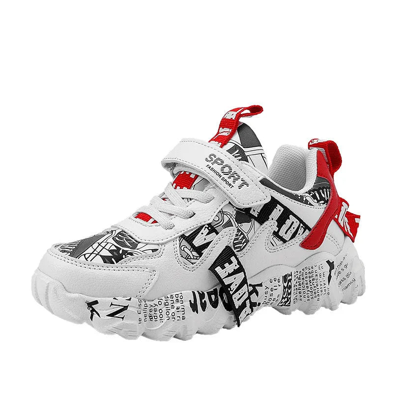 Kids blue and red Velcro sports sneakers with thick rubber soles