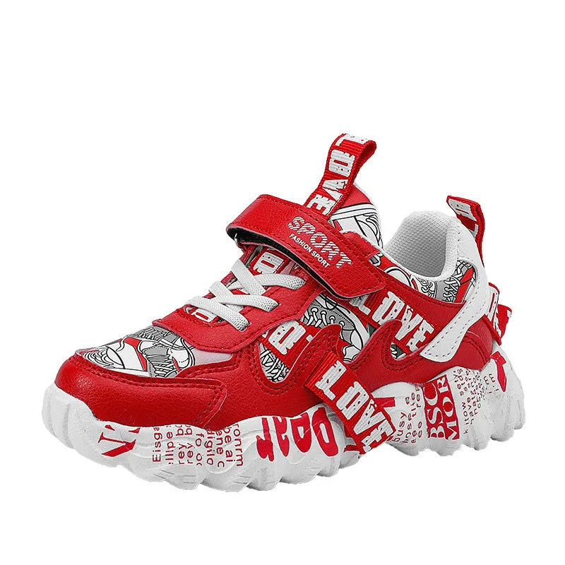 Kids blue and red Velcro sports sneakers with thick rubber soles