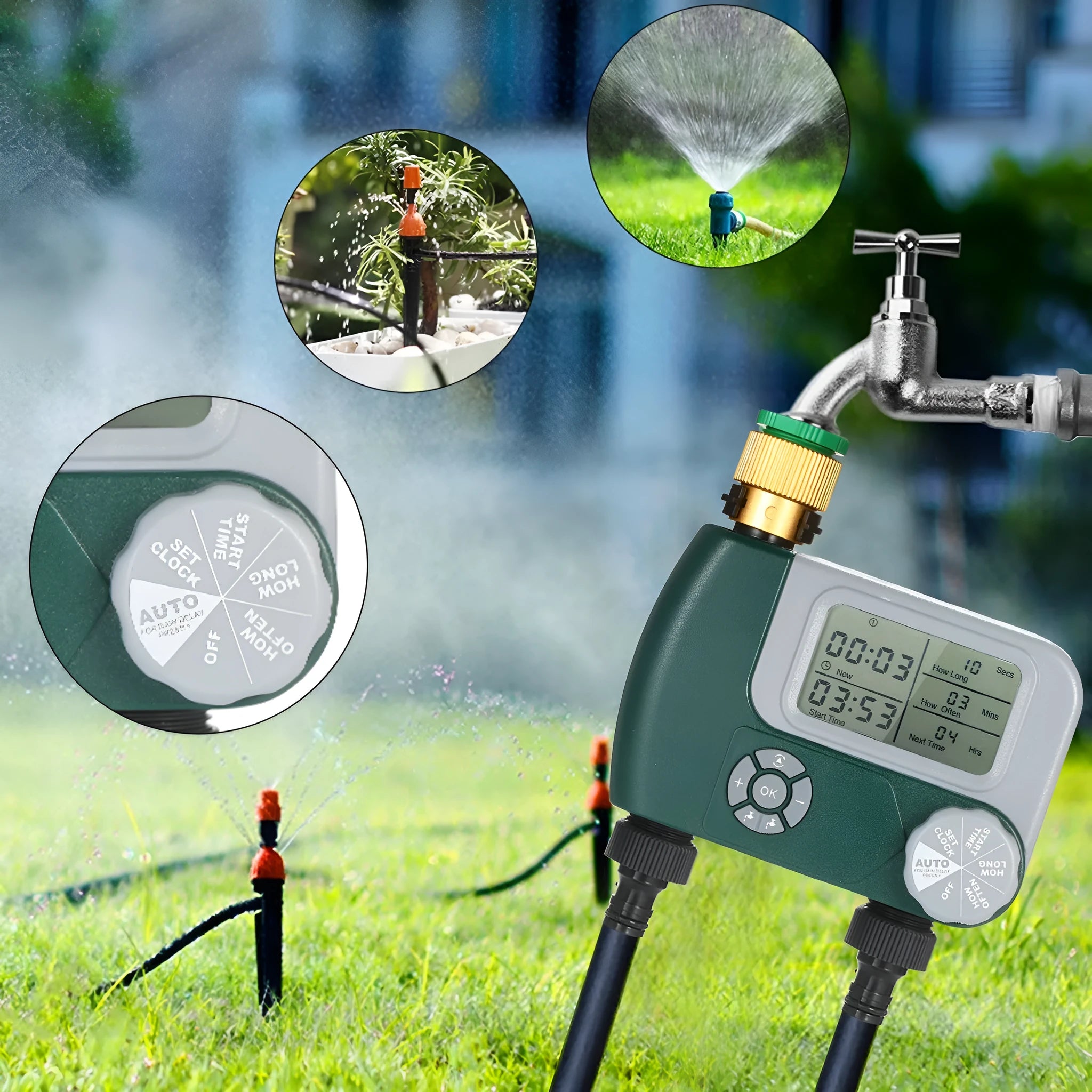 Green digital programmable garden hose faucet timer with large display and copper connector