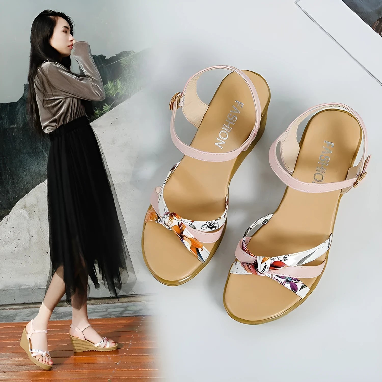 Women's pink wedge sandals with a thick heel, fish mouth design, and a one-shaped buckle.