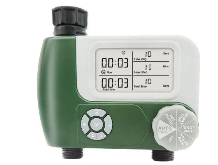Green digital programmable garden hose faucet timer with large display and copper connector
