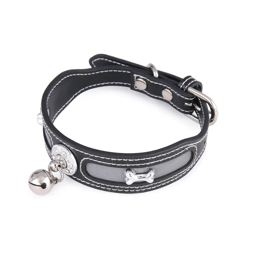Reflective adjustable pet collar in PU, 25-32cm, shown in red, yellow, green, and black