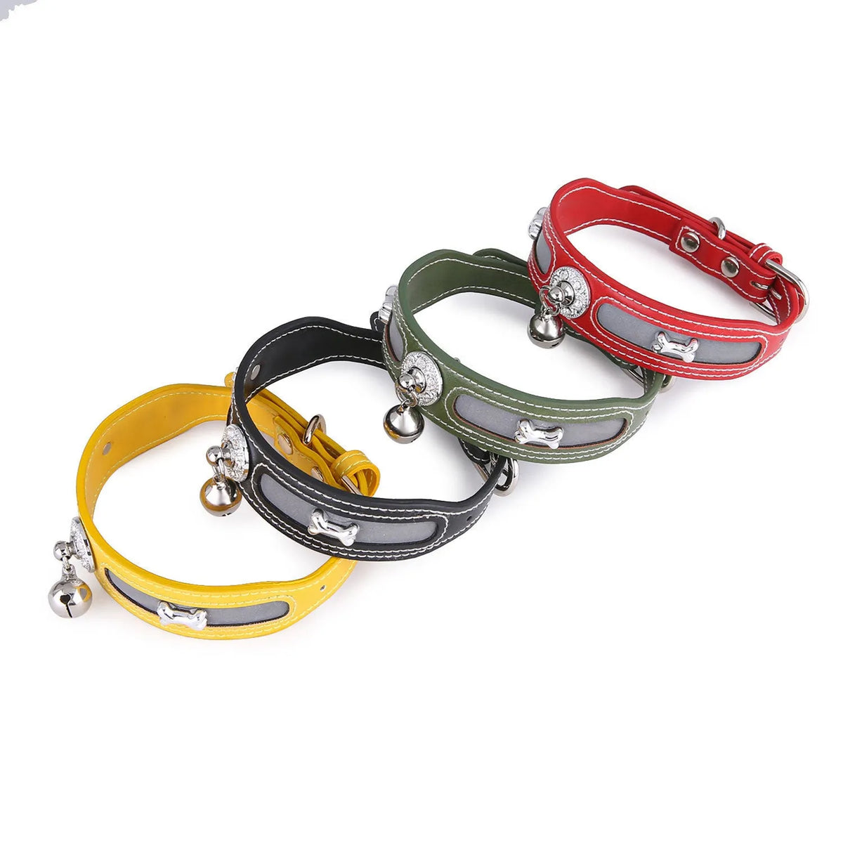 Reflective adjustable pet collar in PU, 25-32cm, shown in red, yellow, green, and black