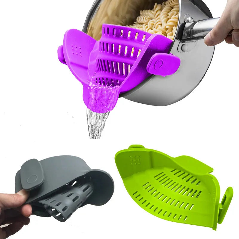 Silicone clip-on kitchen funnel strainer with stainless steel inner frame in blue colour.