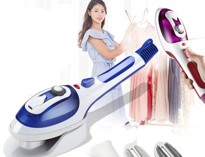 Blue handheld hanging steam iron on a white background.