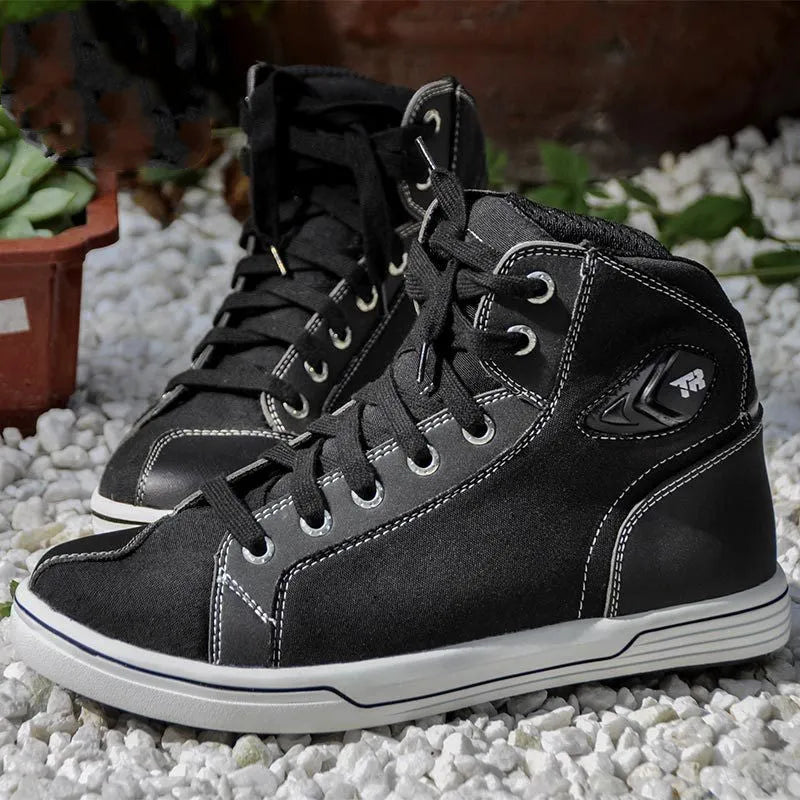 Men's black motorcycle riding shoes with short boot design and non-slip soles