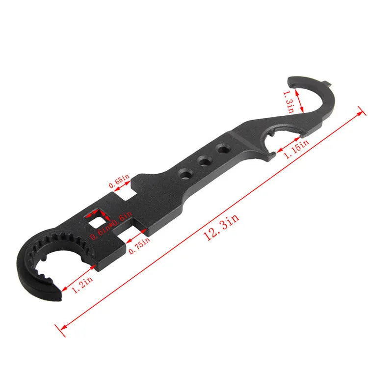 Black all-steel combination wrench for AR15 and M4 rifle maintenance on a plain background.