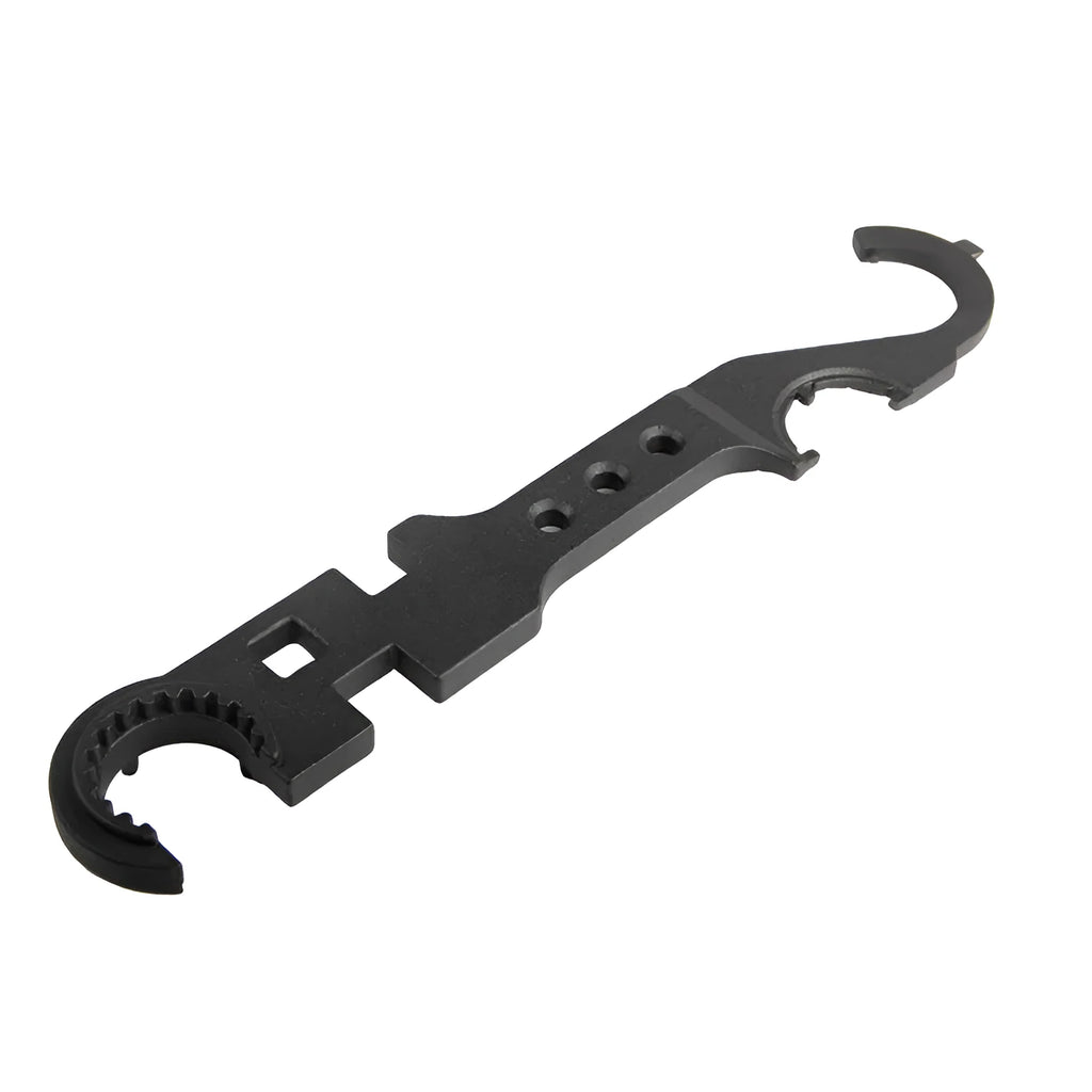 Black all-steel combination wrench for AR15 and M4 rifle maintenance on a plain background.