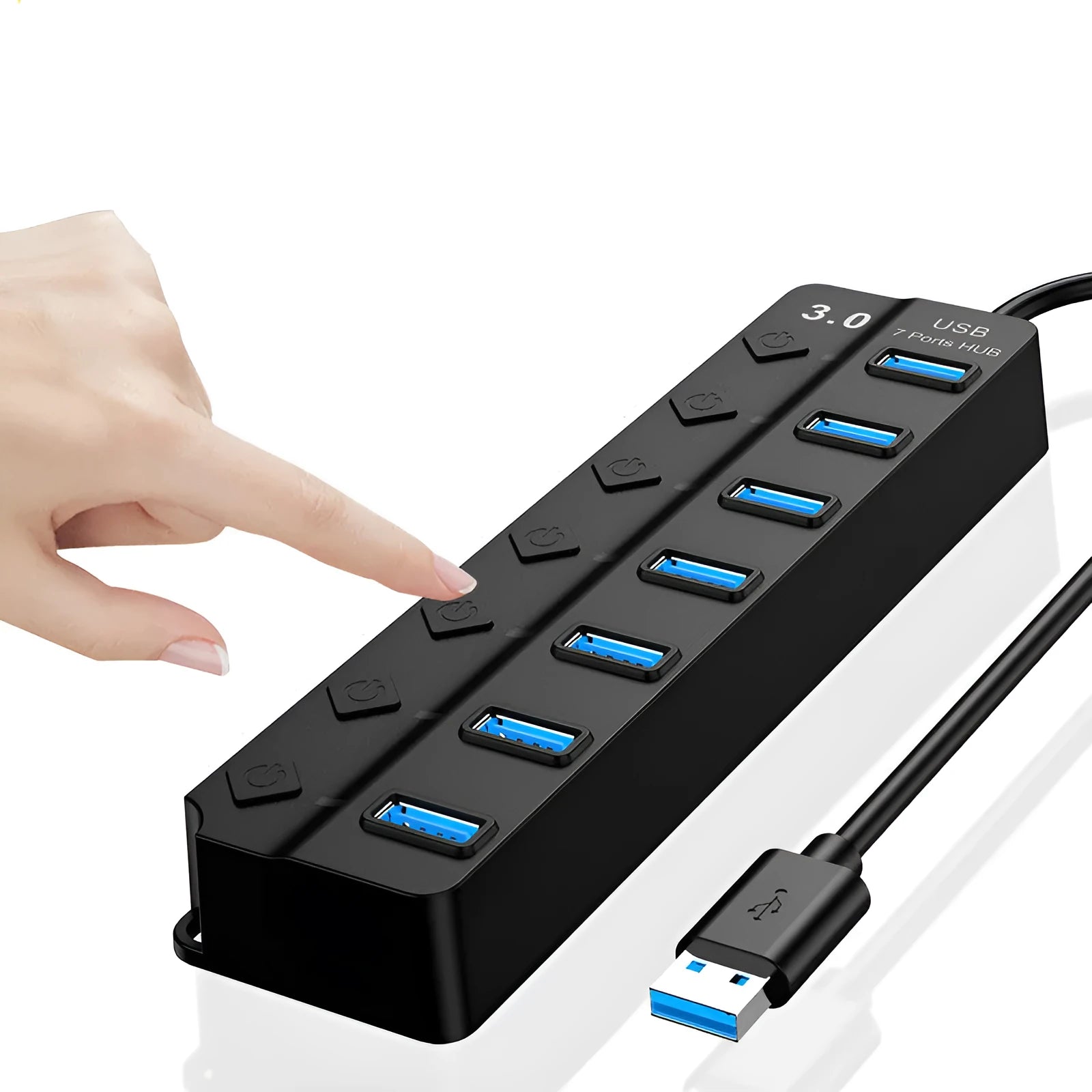 Black 7-port USB 3.0 hub with external power adapter on a desk.