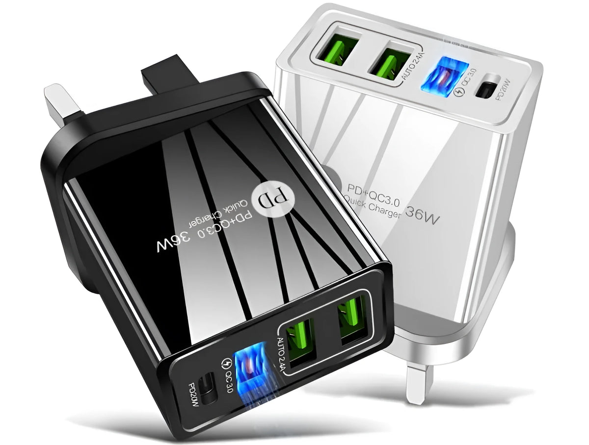 Four-port USB fast charging head with PD 20W and QC 3.0 technology in black finish