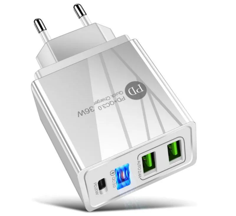 Four-port USB fast charging head with PD 20W and QC 3.0 technology in black finish