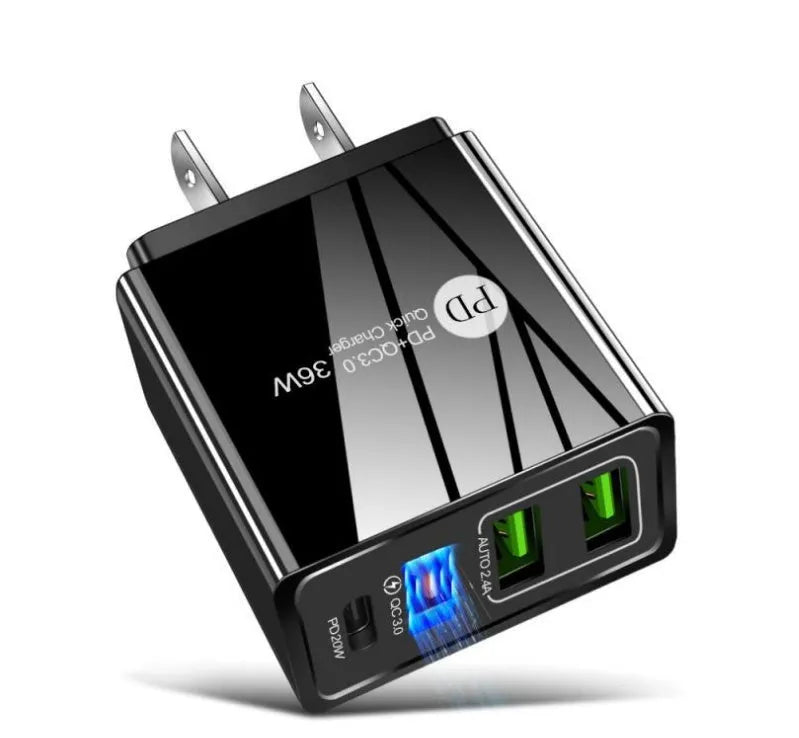 Four-port USB fast charging head with PD 20W and QC 3.0 technology in black finish