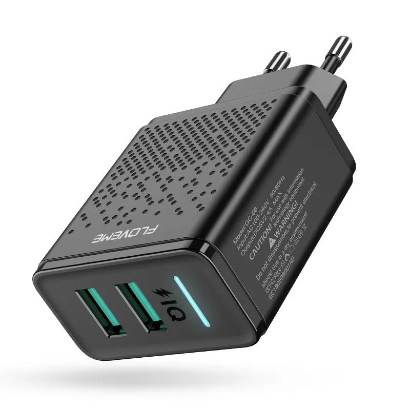 Dual port USB charger with EU plug in black and white colour options
