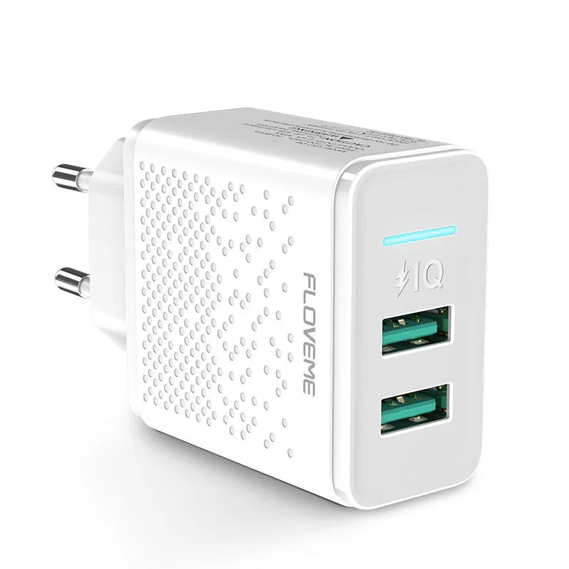 Dual port USB charger with EU plug in black and white colour options