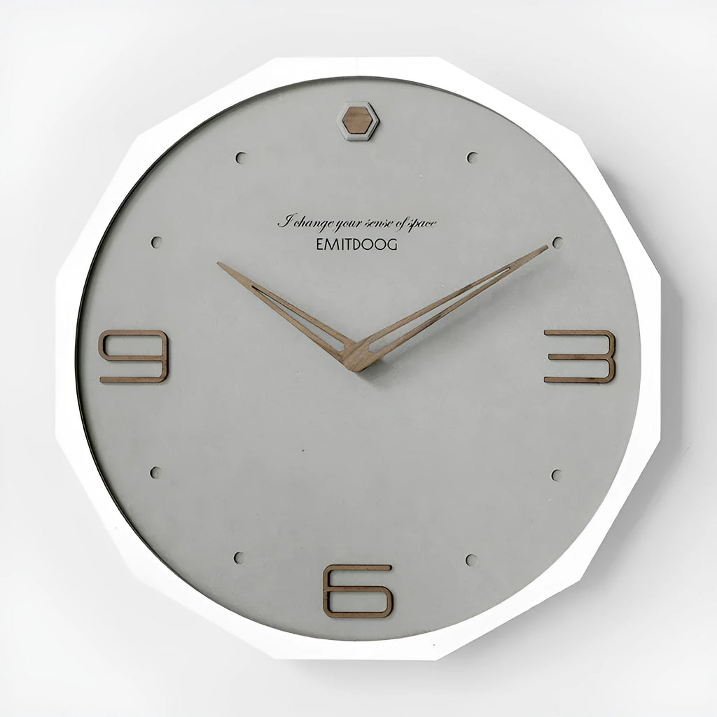 Round 12-inch Nordic style wall clock with Geralt material body and mirror face in minimalist living room setting