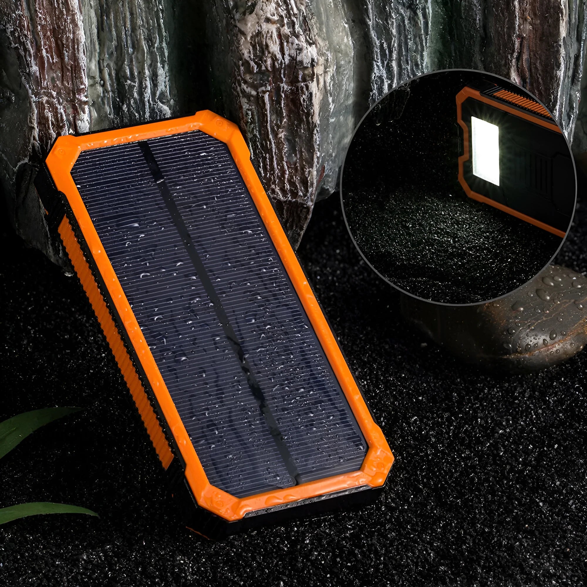 Orange solar power bank with 20000mAh capacity showing USB ports and solar panel