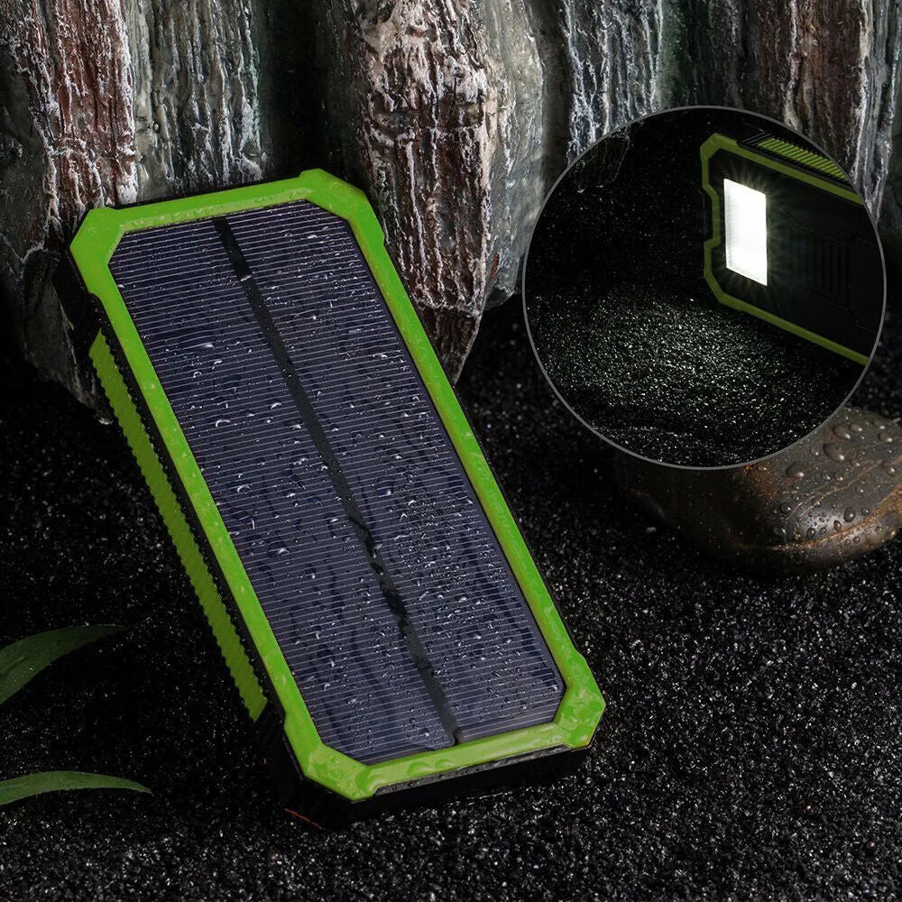 Orange solar power bank with 20000mAh capacity showing USB ports and solar panel