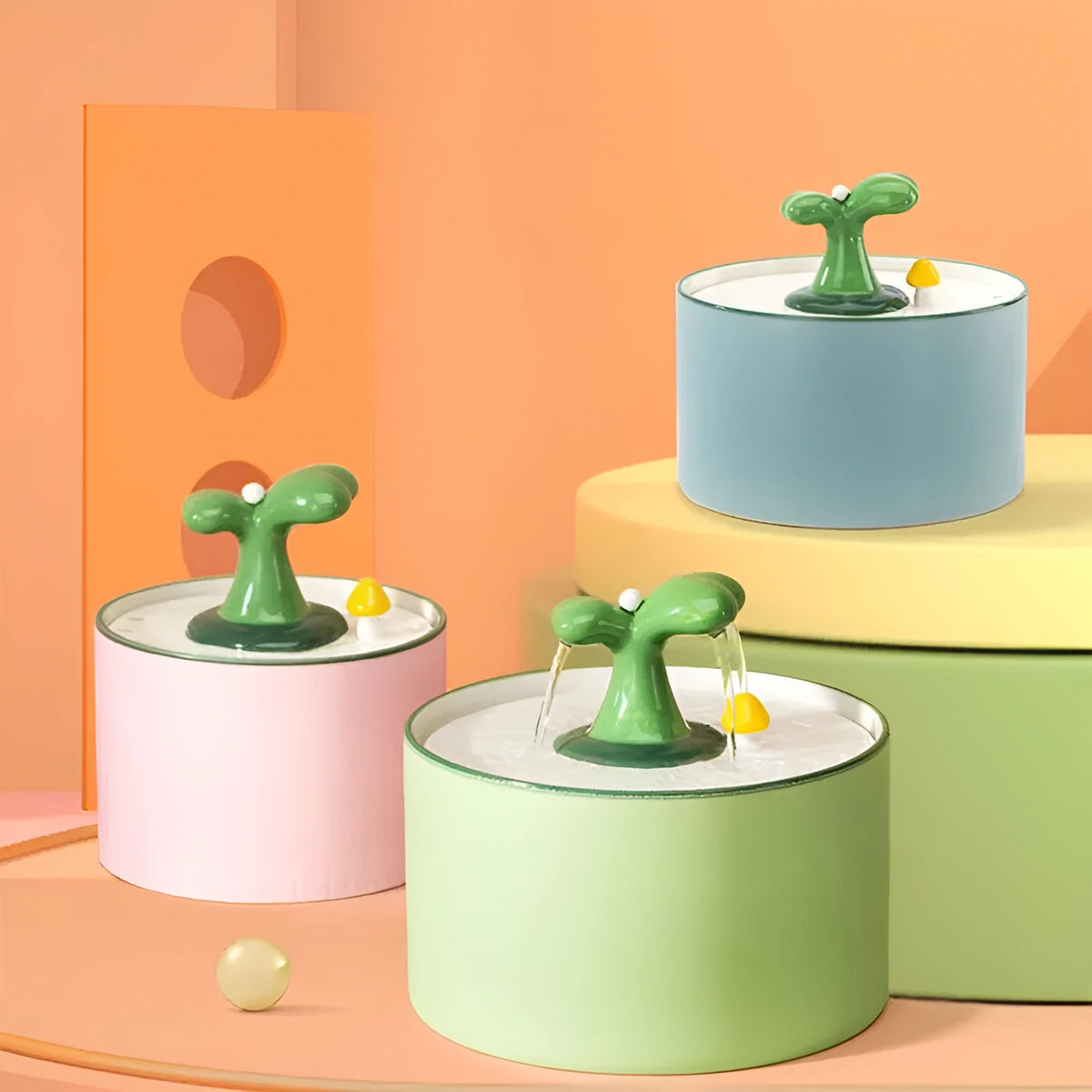 Ceramic cat water fountain with double filtration, available in blue, green, pink, sizes L and S