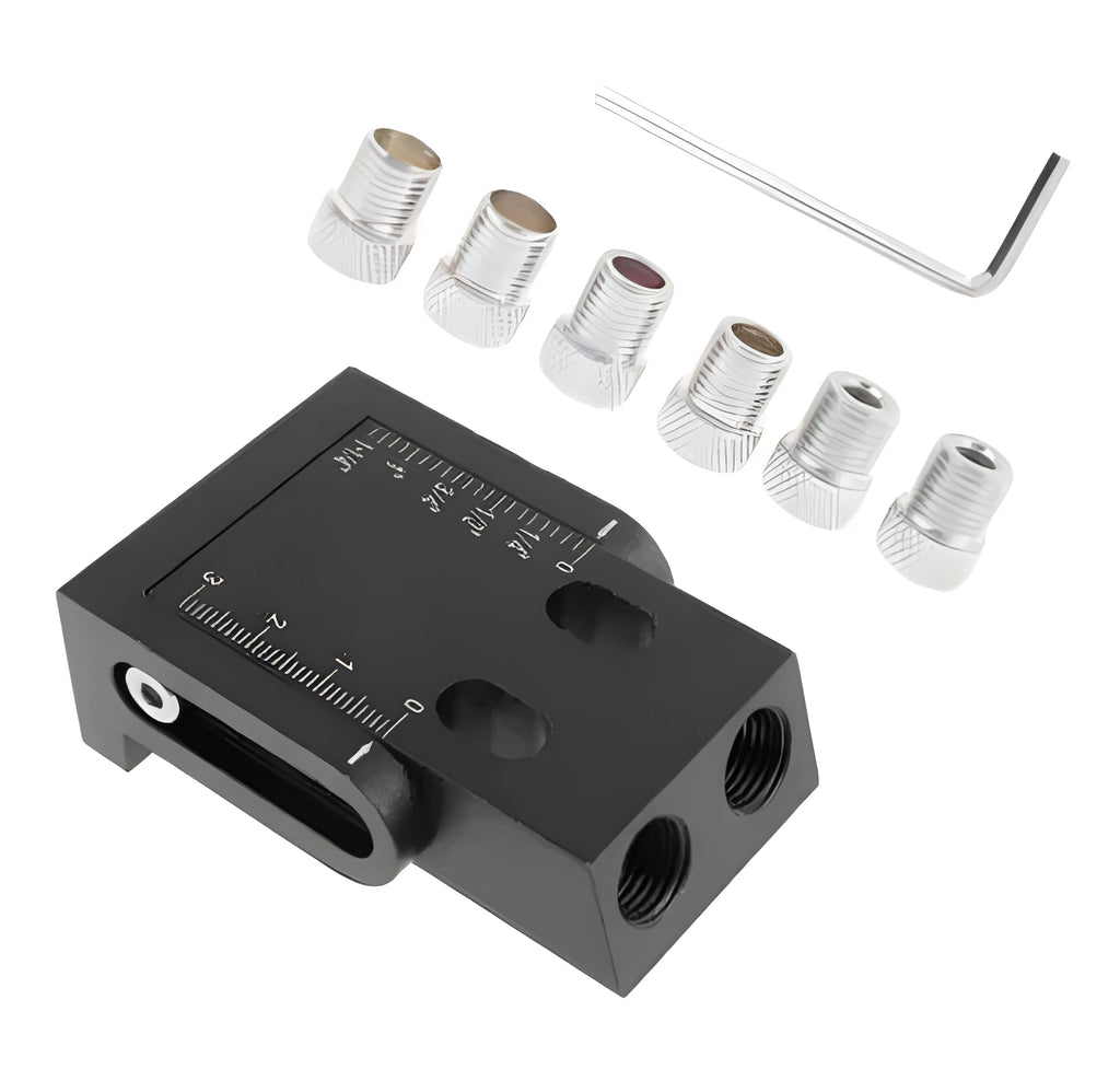 Black aluminium alloy woodworking perforation locator tool with angled drilling guide