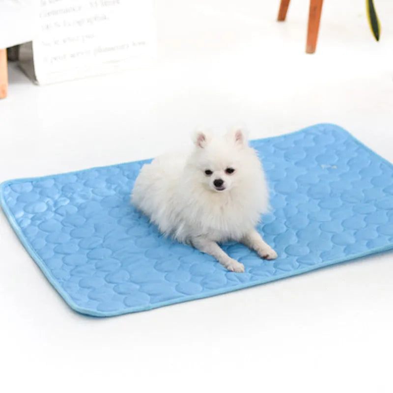 Ice silk and mesh cooling pet mat in brown, dark blue, gray, light blue, or pink, foldable for floor, doghouse, or cage use