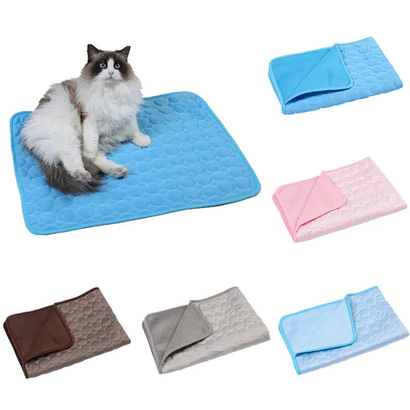 Ice silk and mesh cooling pet mat in brown, dark blue, gray, light blue, or pink, foldable for floor, doghouse, or cage use