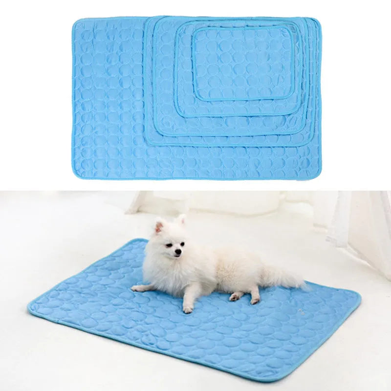 Ice silk and mesh cooling pet mat in brown, dark blue, gray, light blue, or pink, foldable for floor, doghouse, or cage use