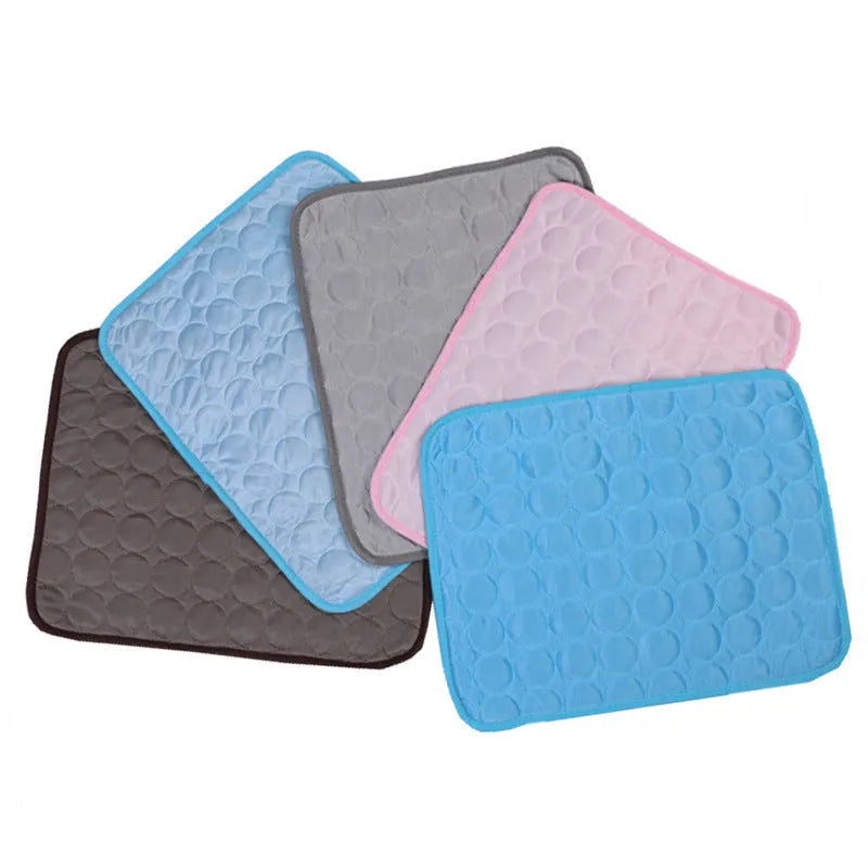 Ice silk and mesh cooling pet mat in brown, dark blue, gray, light blue, or pink, foldable for floor, doghouse, or cage use