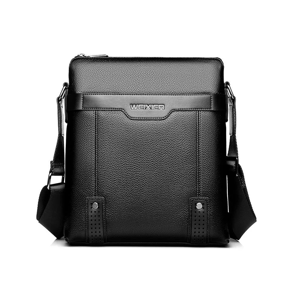 Men's black PU leather shoulder bag with square design and zipper closure