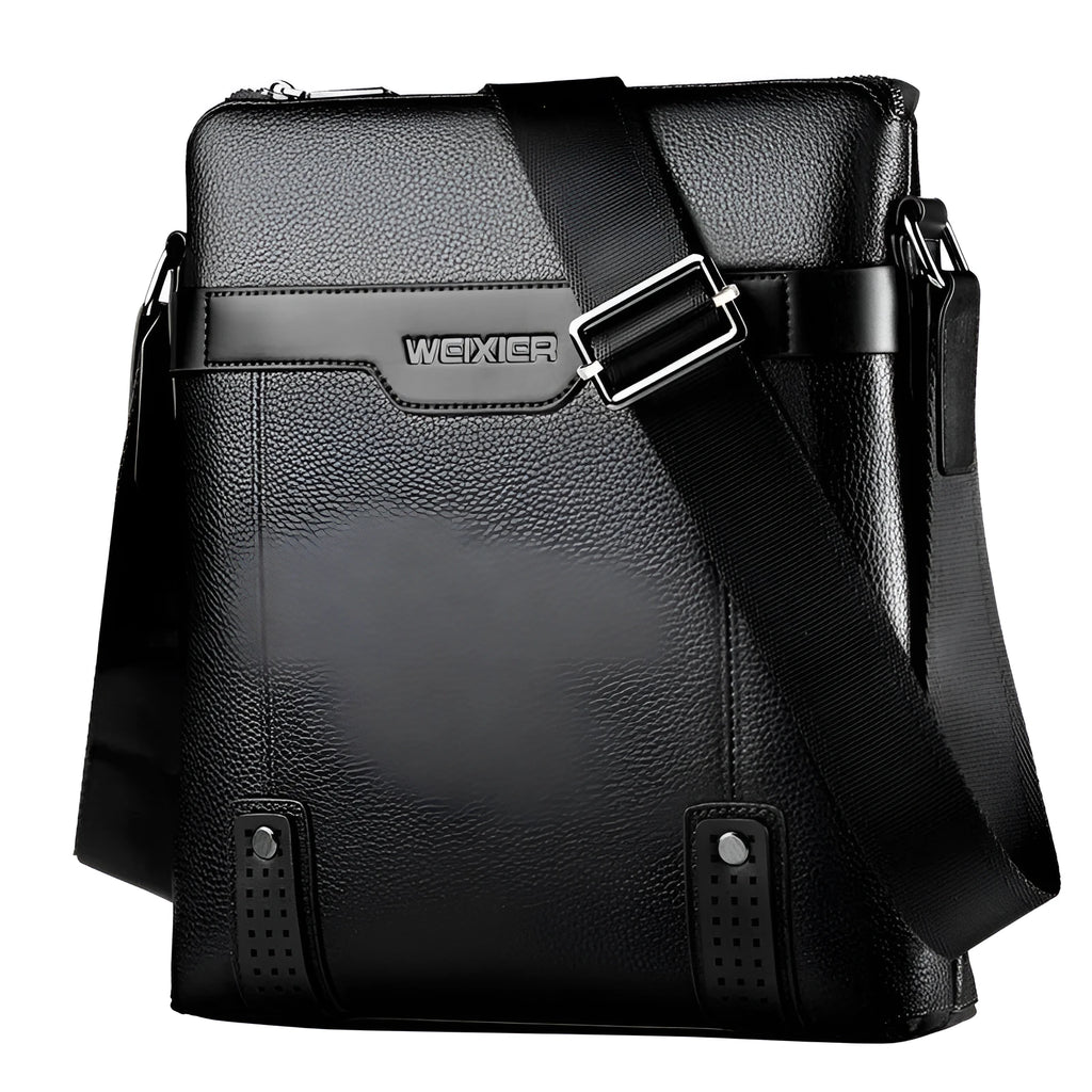 Men's black PU leather shoulder bag with square design and zipper closure