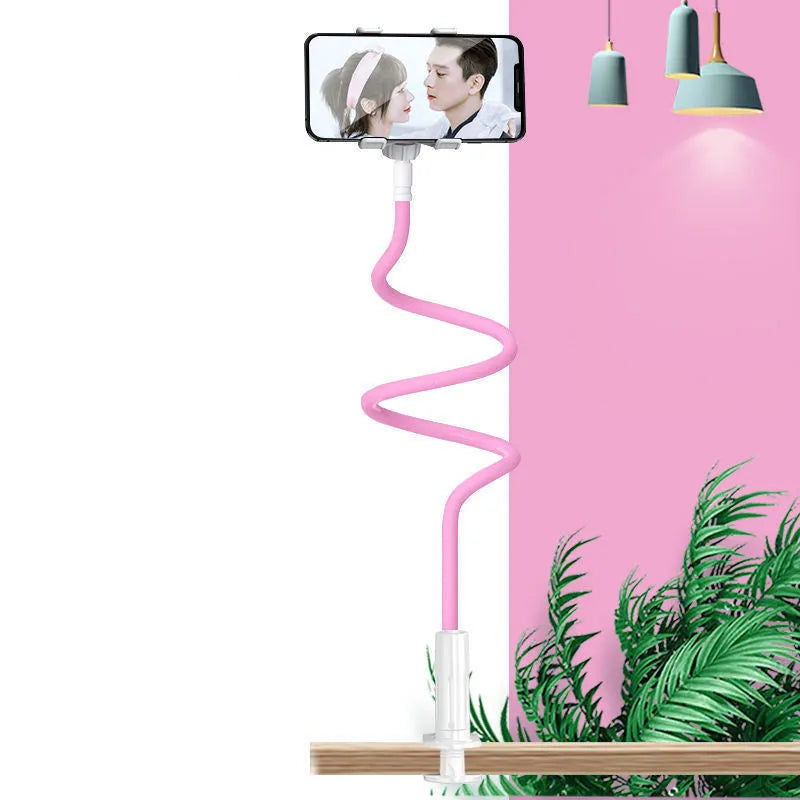 Blue mobile phone holder with flexible memory alloy hose for bedside use, holding a smartphone.