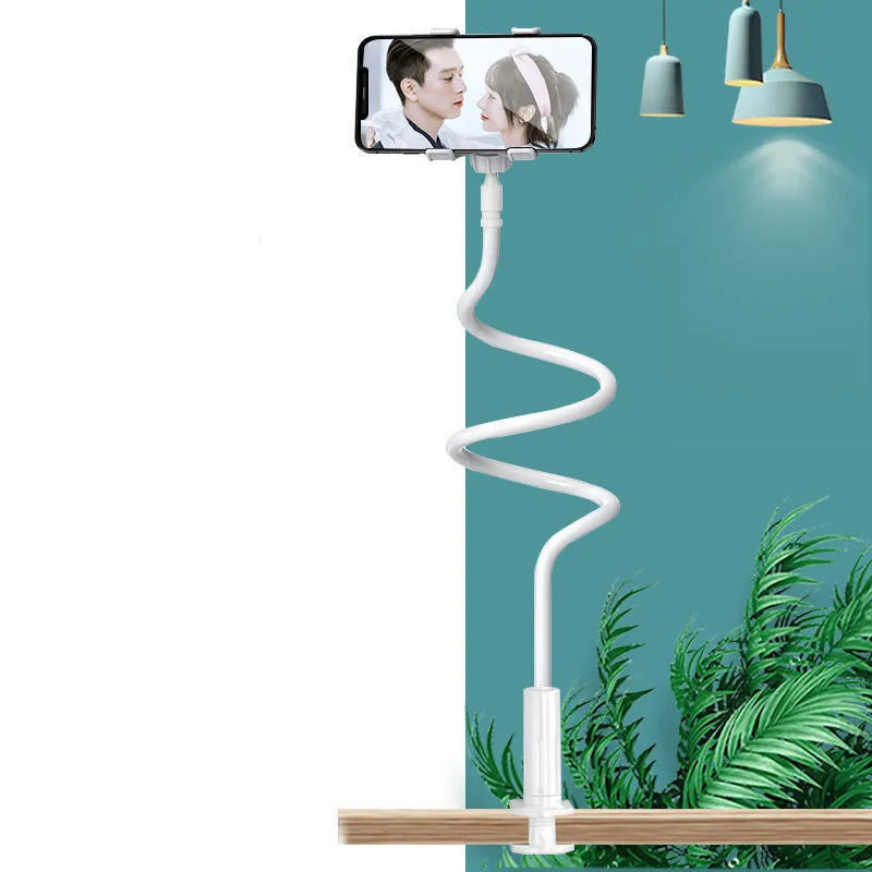 Blue mobile phone holder with flexible memory alloy hose for bedside use, holding a smartphone.