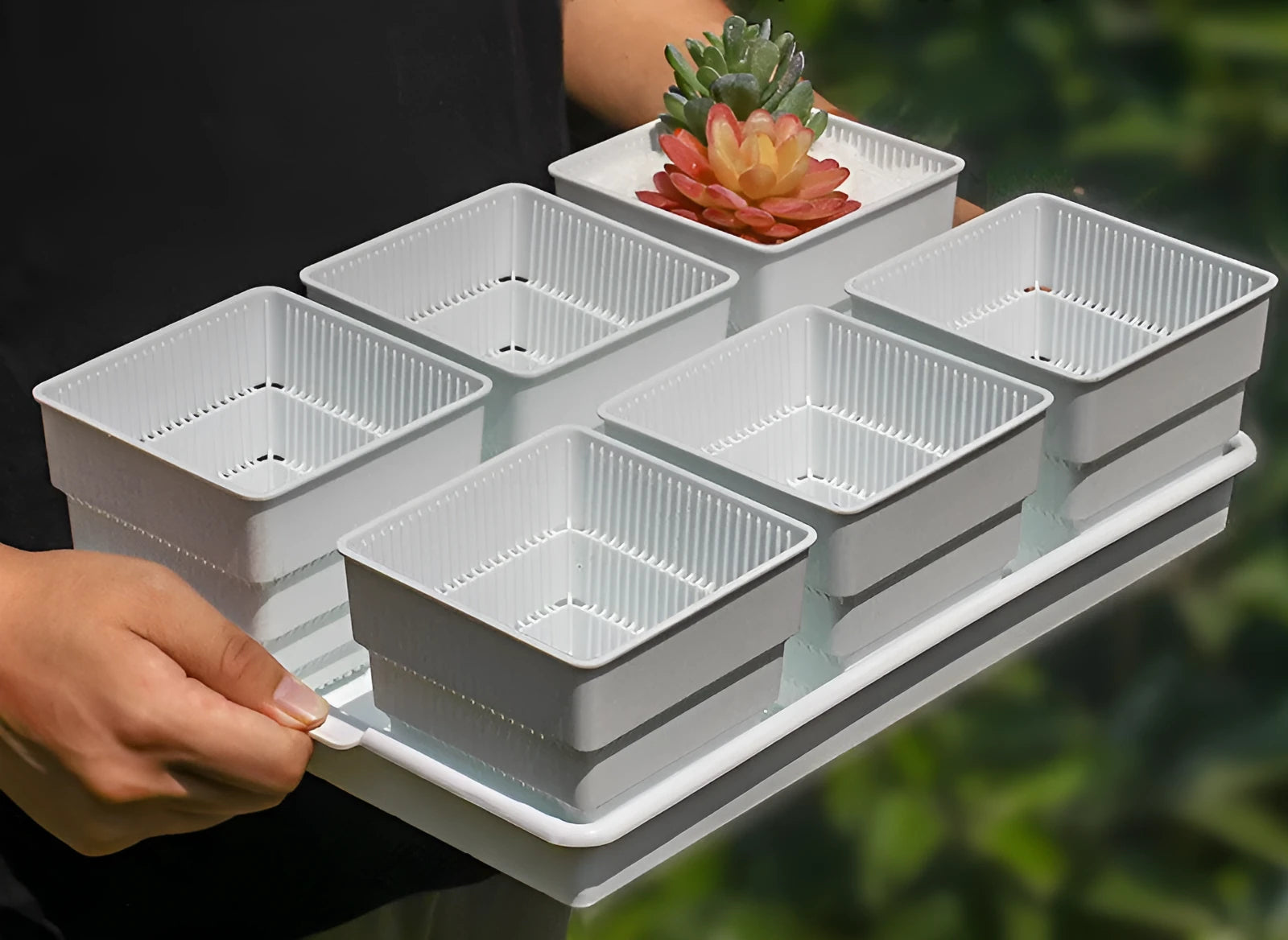 Meishi black and white resin flower pot set with tray, 32cm diameter, for succulent and balcony gardening