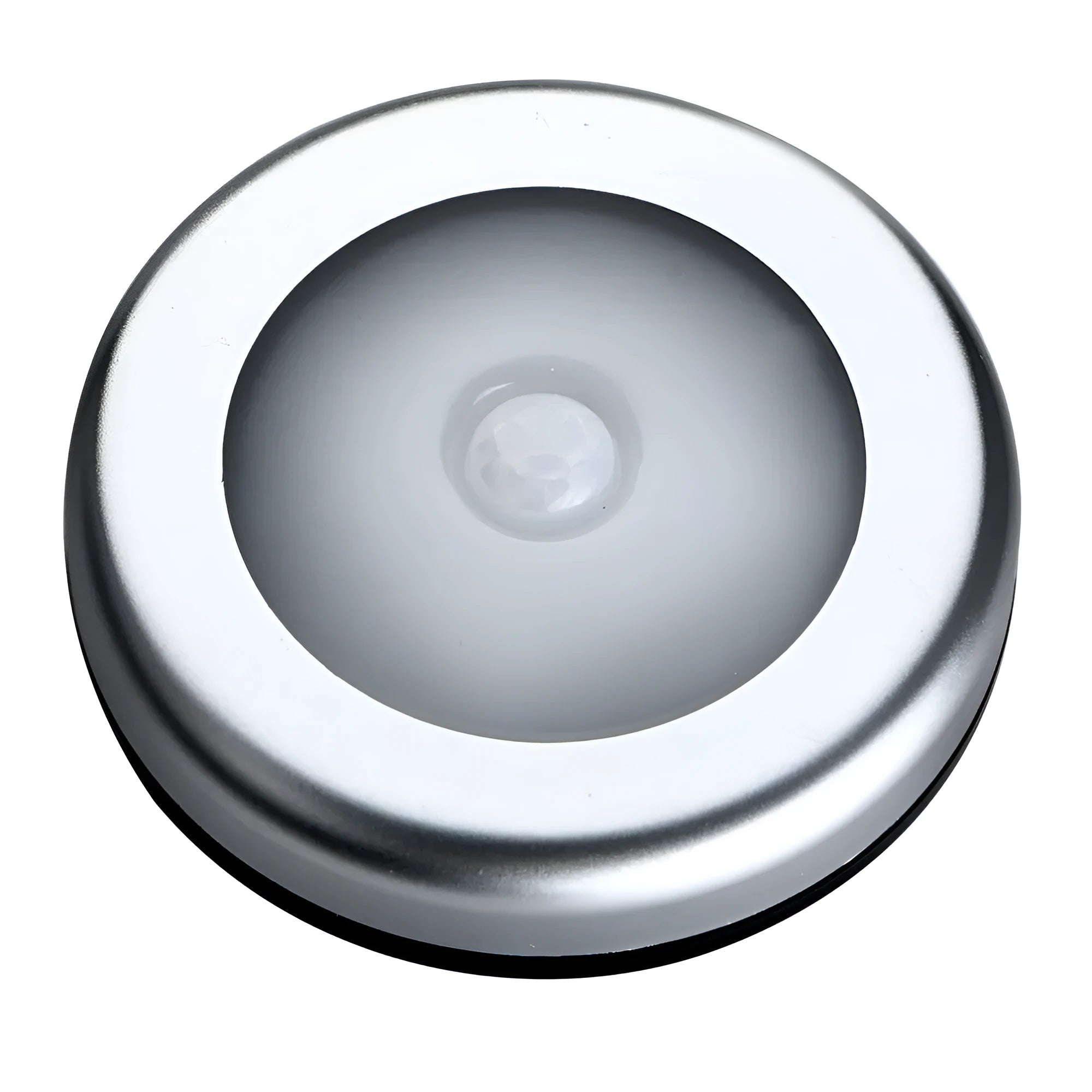 Silver circular wireless motion sensor night light on a table showing its 80mm diameter.