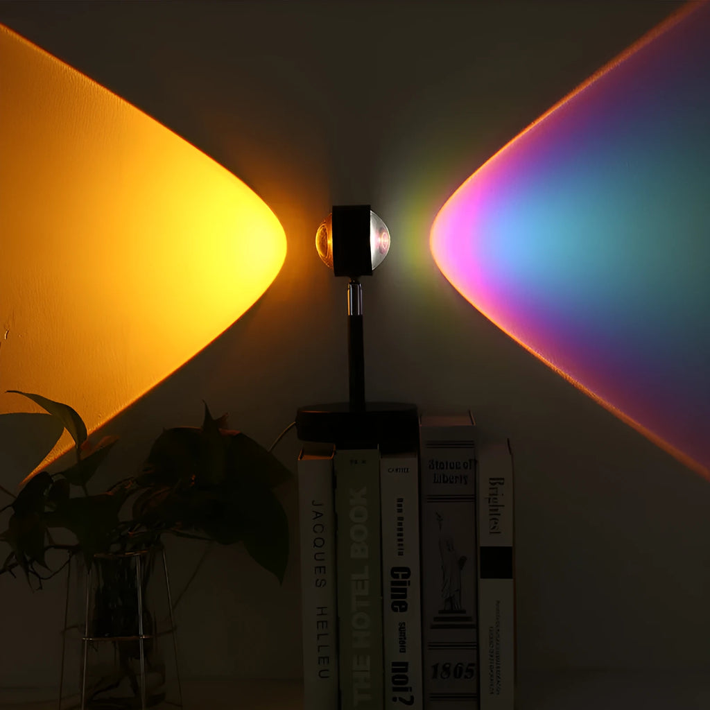 Black USB dual-head sunset rainbow projection lamp with touch switch and colour changing LED