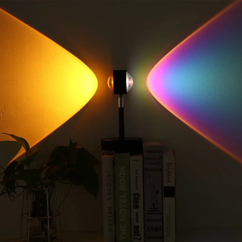 Black USB dual-head sunset rainbow projection lamp with touch switch and colour changing LED
