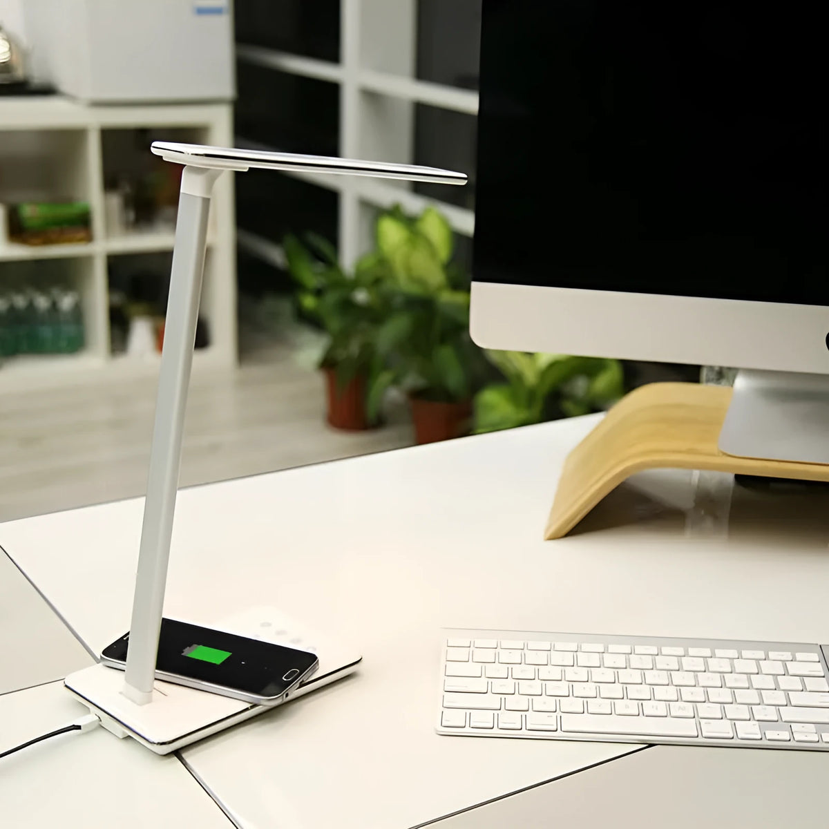 Black or white wireless charging desk lamp with touch control and USB cable