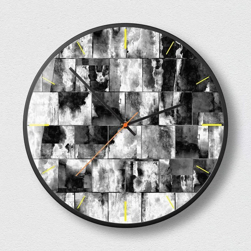 Round abstract art wall clock with black design variants, showing slim 5mm profile on a wall