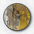 Round abstract art wall clock with black design variants, showing slim 5mm profile on a wall