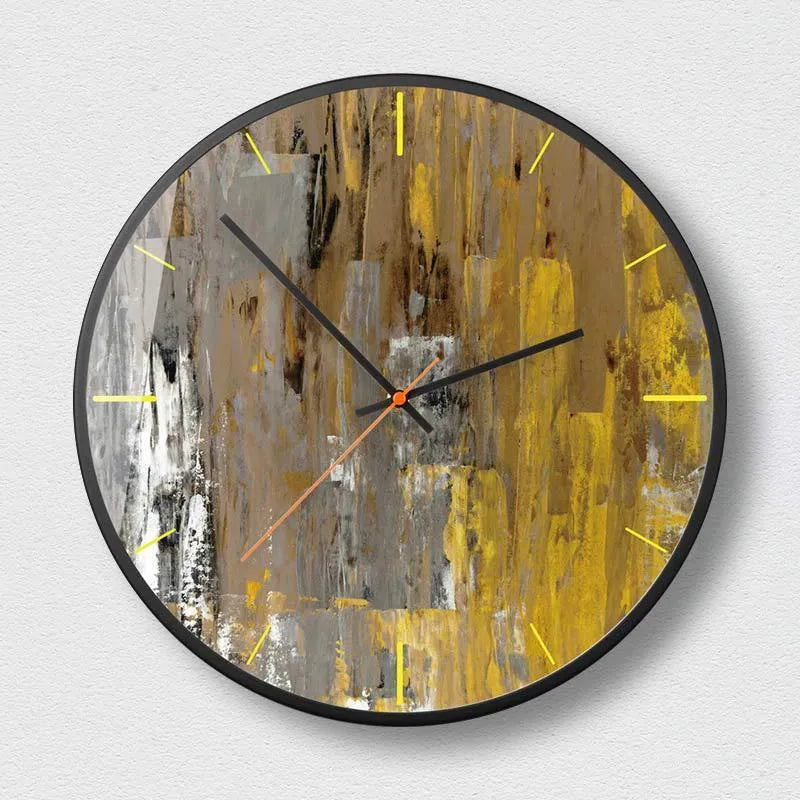 Round abstract art wall clock with black design variants, showing slim 5mm profile on a wall