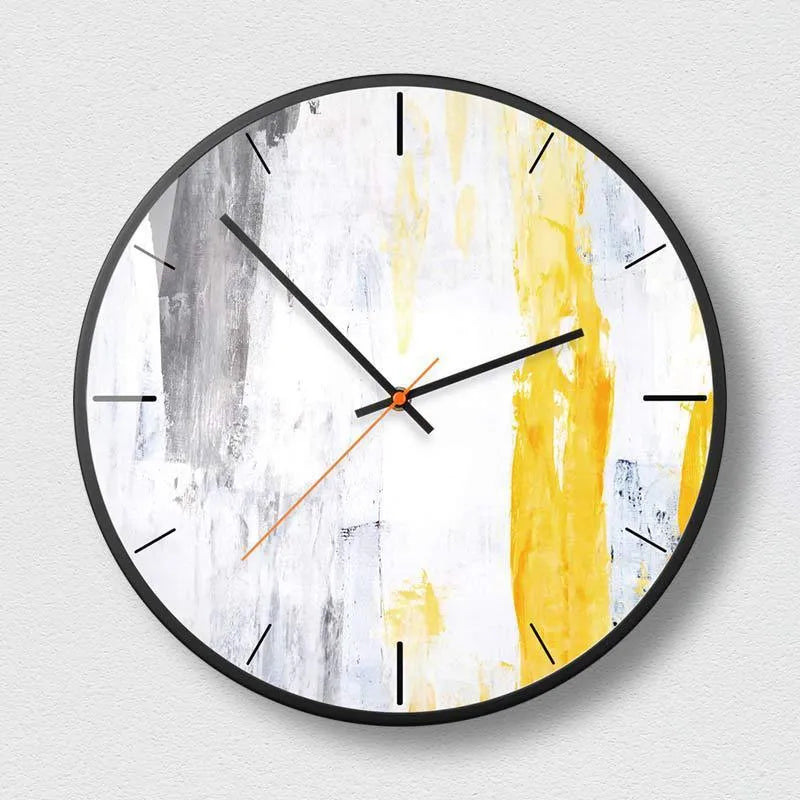 Round abstract art wall clock with black design variants, showing slim 5mm profile on a wall