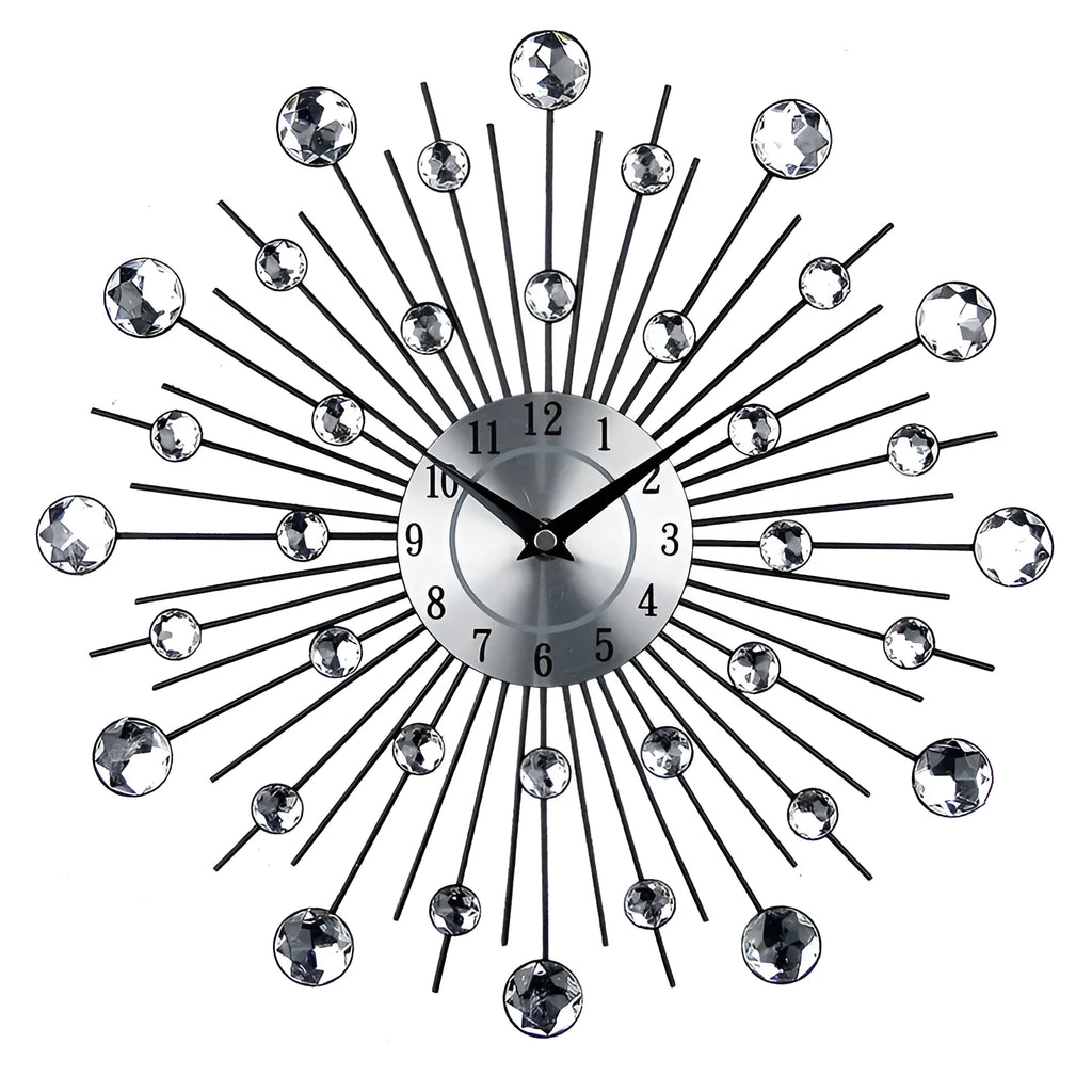 Large silver round wall clock with metal casing and aluminium dial measuring 33cm
