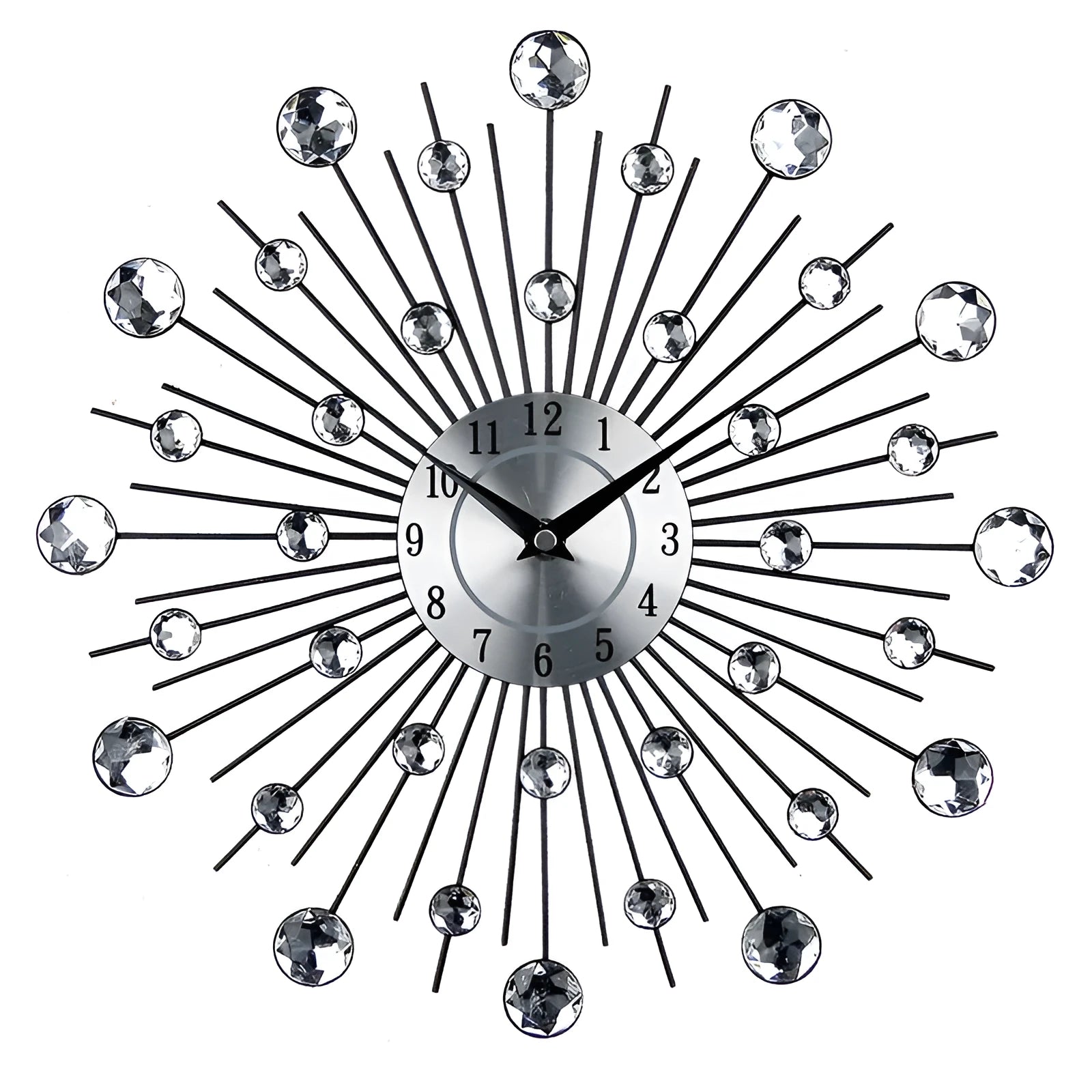 Large silver round wall clock with metal casing and aluminium dial measuring 33cm
